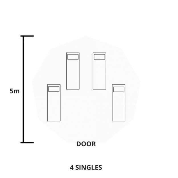 Floorplan for 5m bell tent for 4 single beds. Bell tent Hampshire.