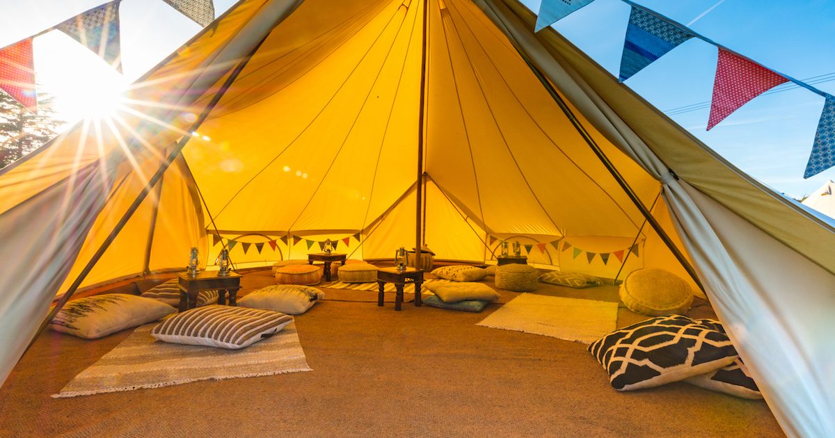 7m chill out bell tent interior, in quad door 7m bell tent. Chill out tents for birthday parties.