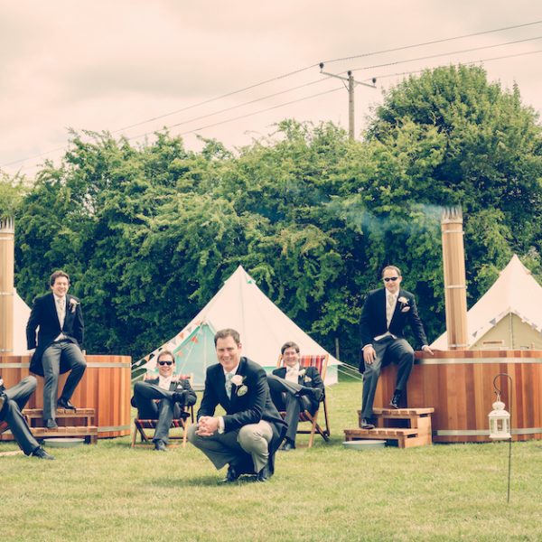 Andy infront of hot tubs and bell tents. Wedding inspiration. Bell tent hire Oxford