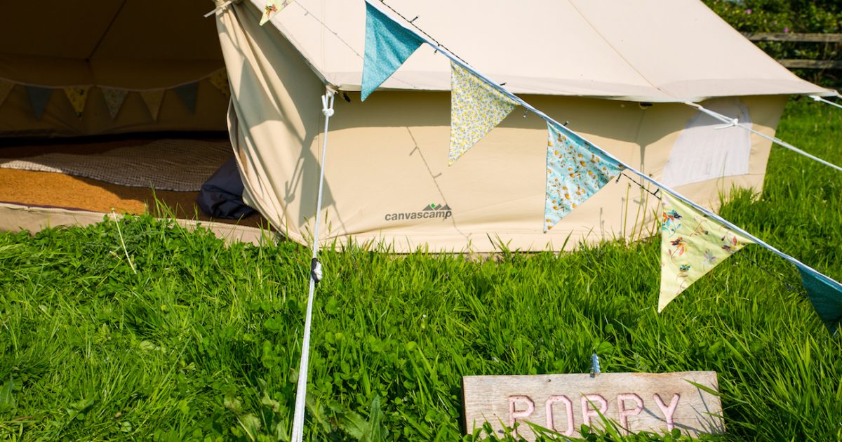 Exterior of 4m bell tent for hire in West Sussex. Bell tent hire for events.