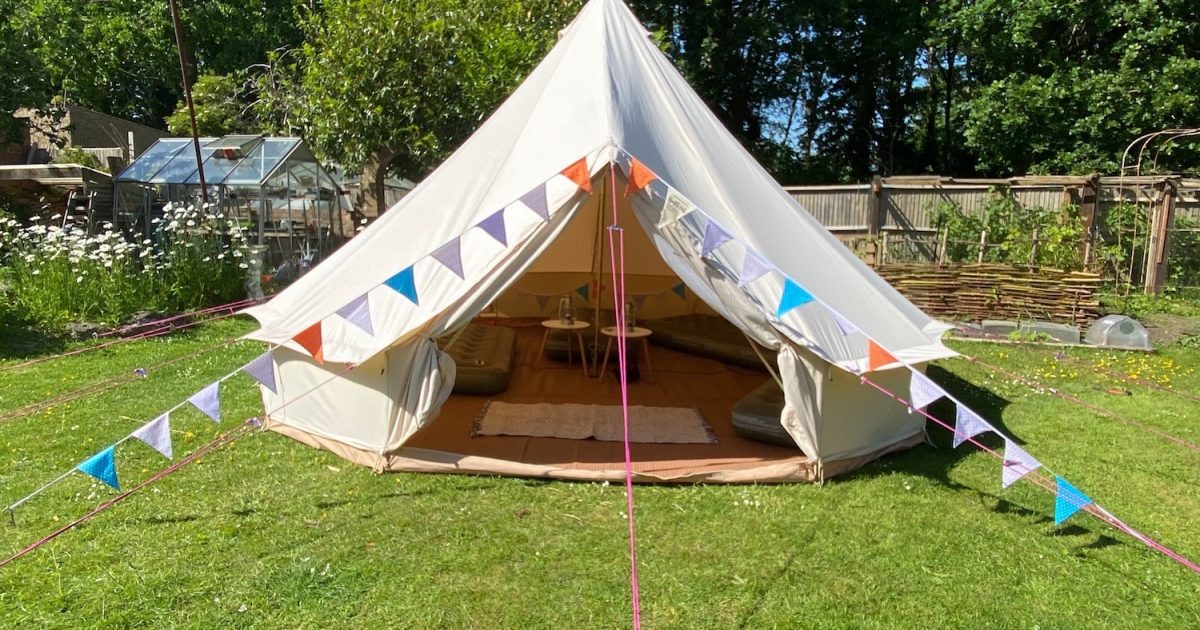 Click And Collect Garden Glamping1 Exterior of 5m bell tent for click and collect garden glamping