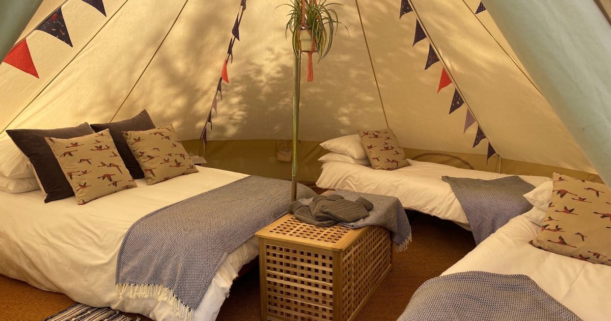 Interior of 5m Lux gleaming tent. Rent a bell tent in Hampshire, Sussex and Surrey
